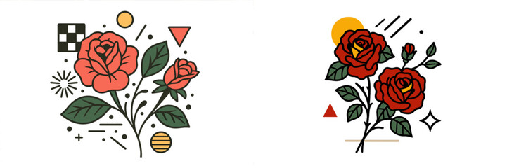 Beautiful vector illustrations of roses with abstract shapes