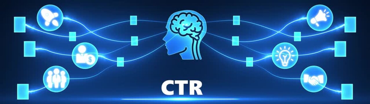 Digital Marketing Concept CTR Click Through Rate Brain Network Connection Icons Blue Neon Lights