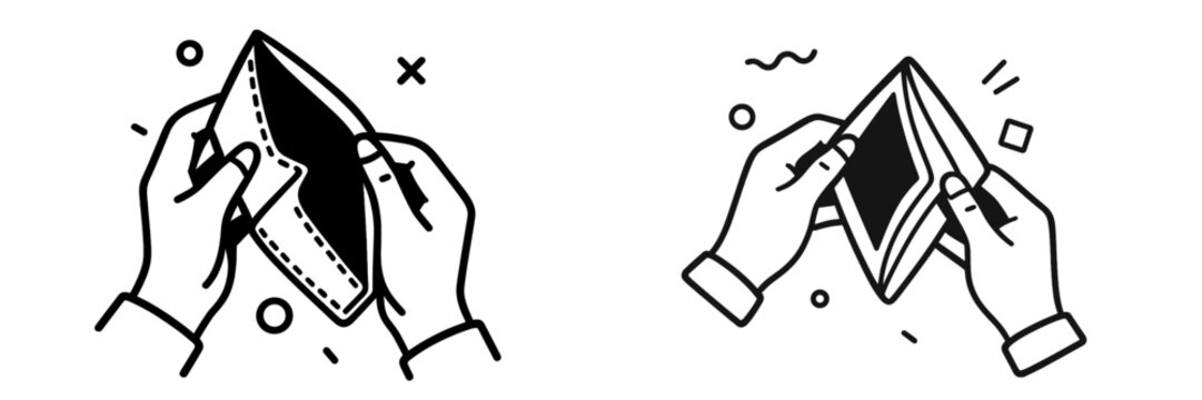 Hands holding an empty wallet with abstract elements in the background