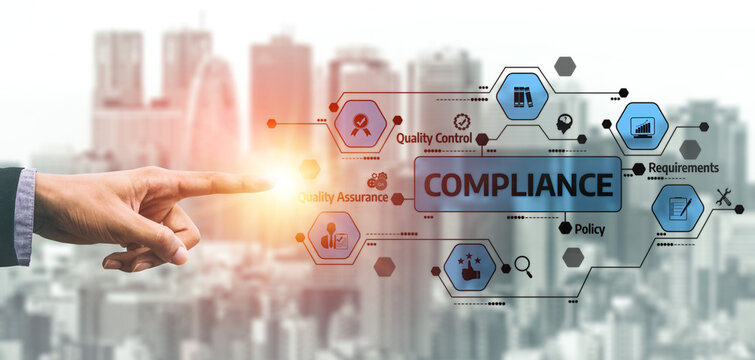 A businessman gestures towards a digital compliance concept surrounded by icons representing quality control and policies, set against a modern cityscape. Tessel - Powered by Adobe