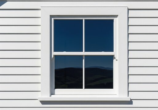 Closed white sash window on house facade reflecting dark mountain landscape and blue sky