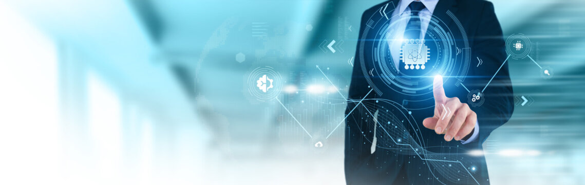 Businessperson Hand Pointing Quantum Computing, advanced computing, quantum technology, next generation processor, scientific innovation, future computing