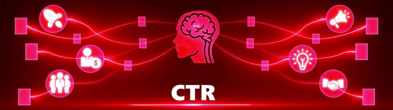 Digital Marketing Concept CTR Click Through Rate Brain Network Connection Icons Red Neon Lights