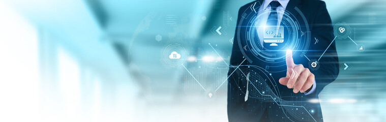 Businessperson Hand Pointing Software Development, programming process, application design, coding workflow, IT solution, digital innovation