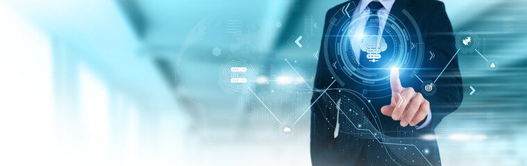 Businessperson Hand Pointing Web Hosting, server management, online platform, website deployment, digital infrastructure, cloud hosting, enterprise IT