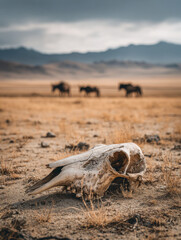 Dried animal skull lying on arid grassland with blurred wild horses and distant mountains under cloudy sky in the background