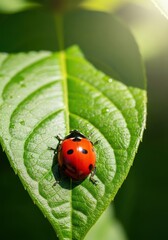 A bright red ladybird rests perfectly still on a fresh green leaf in the dense sunlight of a peaceful summer garden environment, peaceful, spring, flora