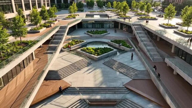 Modern urban plaza with landscaped gardens and pathways