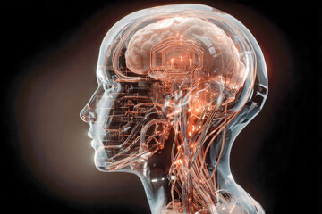 Transparent head sculpture with visible brain and glowing neural network circuits illustrating futuristic artificial intelligence and human-technology integration co