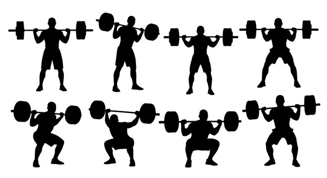 Silhouette of people doing squats with barbells
