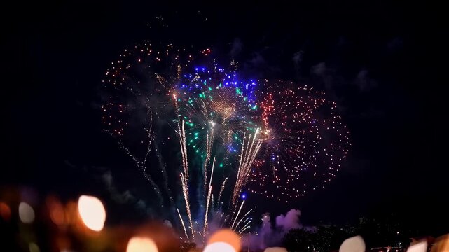 Seamless loop of golden shining fireworks with bokeh lights in the night sky for New Year celebration
