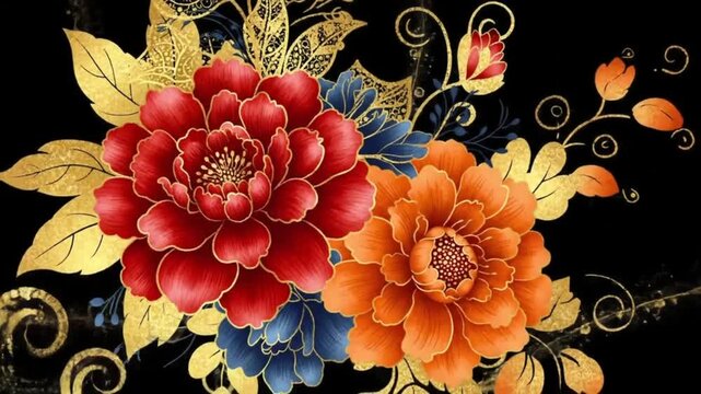 Elaborate golden floral arrangement with red and orange blossoms on black.