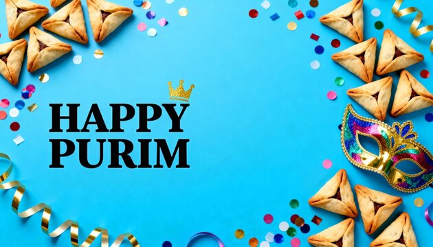 Happy Purim flat lay with hamantaschen, mask, confetti, and ribbons on blue background. Jewish holiday celebration concept with copy space