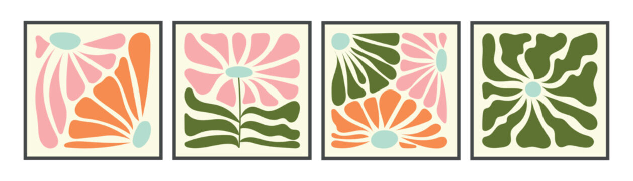 Groovy Abstract Flower Posters in Pastel Palette. Abstract Matisse Flower Wall Art Set