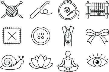Image Generation. Line style icons of Handmade crafts: knitting needles, crochet hook, embroidery hoop, loom; patch, button,