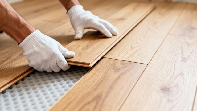 Gloved Hands Fitting Laminate Plank, Installer Aligning Tongue And Groove Panels Over Underlayment For Precise Floating Floor Installation Warm Wood Tone And Tool Marks Visible.