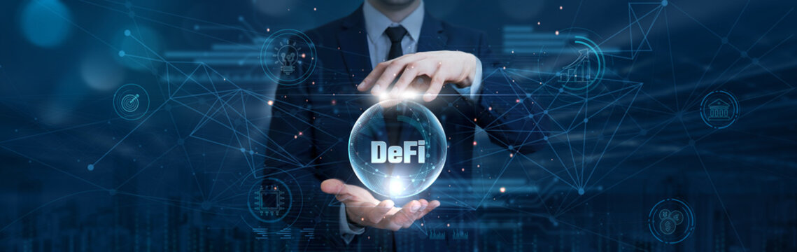 Businessman hand hold decentralized finance on digital interface and global network. blockchain-based financial platform, smart contract transactions, digital asset management system