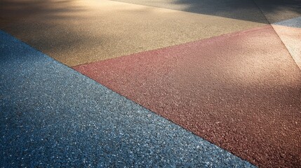 Abstract geometric pattern forming colorful triangles on a textured rubber playground surface, creating a vibrant background with intersecting lines and shapes