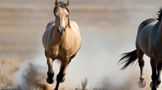 Galloping horses in a dusty landscape showcasing speed and power perfect for designs on transparent background 4k video