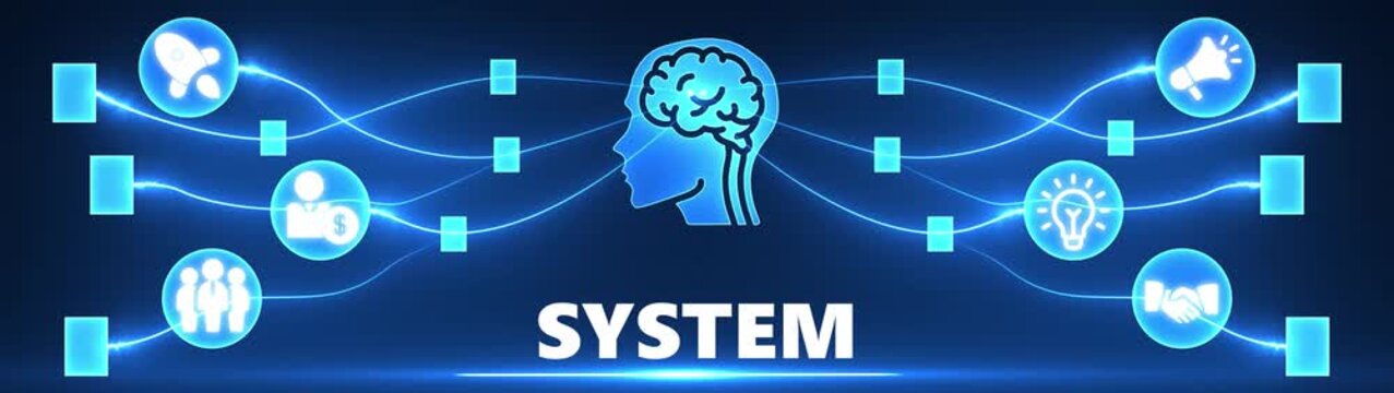 Digital System Network Connecting Business Icons and Human Brain on Blue Background connection technology