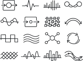 Line style vector icons of remote work office workspace setup: feedback node, pulse band, amplitude tile, phase