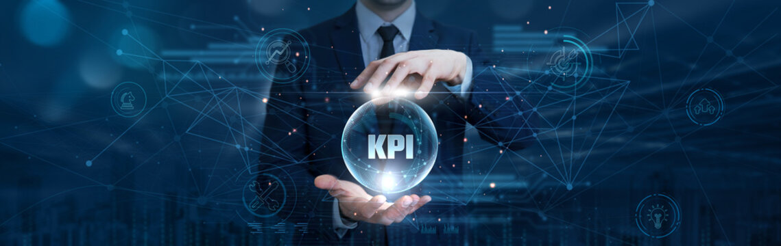 Businessman hand hold KPI on digital interface and global network. performance measurement analytics platform, business metrics monitoring system, strategic decision support tools