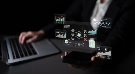 A data analytics interface for visualizing business performance metrics. A collection of charts and graphs for strategic reporting and company analysis. Motif