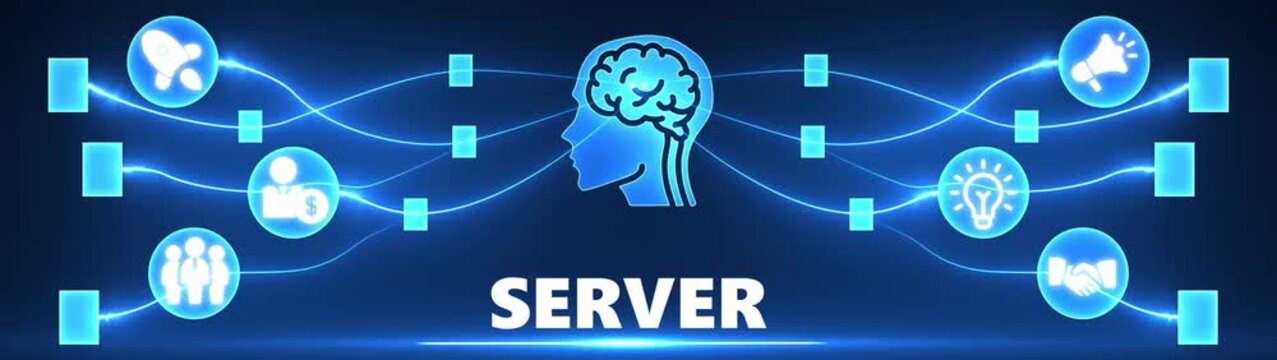 Server Network Concept with Digital Brain and Blue Glowing Connections to Business Icons technology