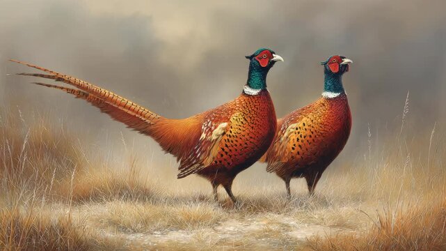 A stunning pair of ring necked pheasants depicted in a realistic painting style on transparent background 4k video