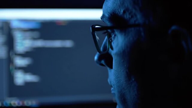 Side profile of african american man programmer in glasses working on computer late at night. Developer coding application.