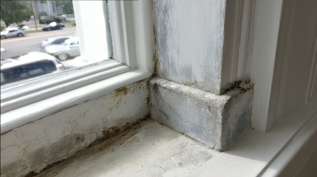 Window frame showing visible signs of a severe moisture problem, with black mold forming on the sill and white paint peeling and decaying from water damage