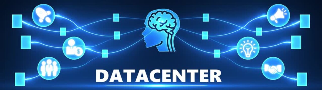 Datacenter Network Concept with Digital Brain and Blue Glowing Connections to Business Icons technology