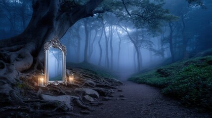 Fototapeta premium ornate mirror standing forest path