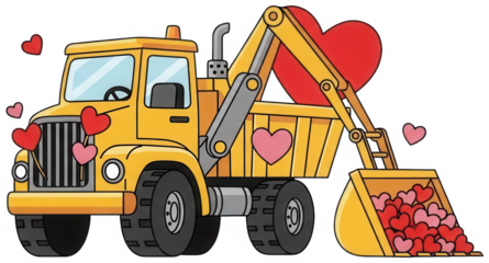 Valentine Construction excavator vehicle loaded with big red hearts for valentine day