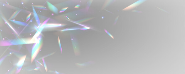 Naklejka na ściany i meble Neon rainbow prism bends light through diamond crystal glass. PNG vector lens captures glare, sparkle, bokeh, flare effect across holographic glitter spectrum. Prism reflections enhance radiant magic.
