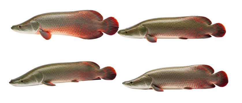 Set of four Arapaima gigas freshwater fish isolated on a white background.