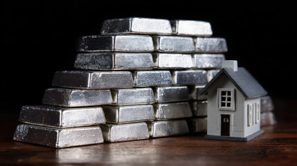 Silver bullion bar stack metal investment wealth house model financial concept savings shiny metal bar asset property economy business security