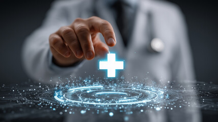 Doctor's hand touching glowing medical cross symbol above futuristic interface. Concept of digital medicine, telemedicine, modern technologies in healthcare.
