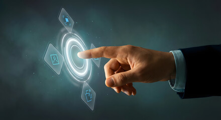 businessman hand touching futuristic digital interface with glowing virtual buttons and holographic icons representing biometric security access and innovative cloud technology