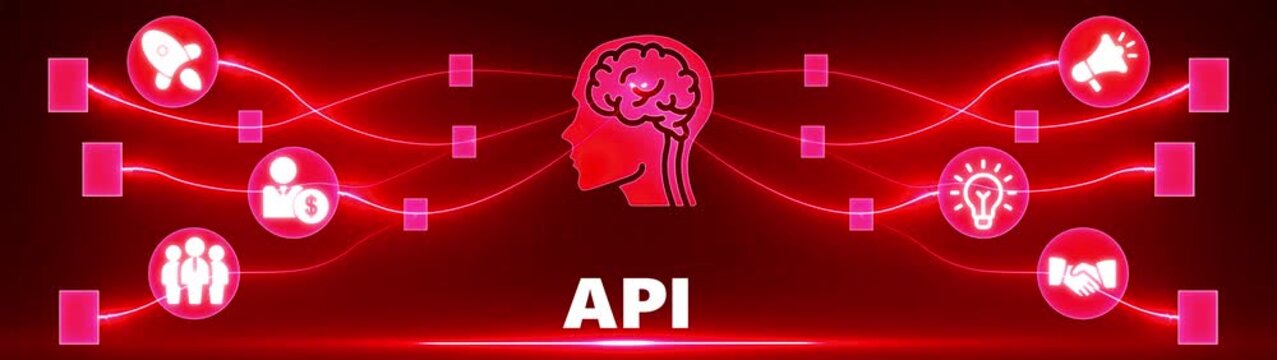 API concept with glowing red lines connecting icons around a human head silhouette and brain application programming interface