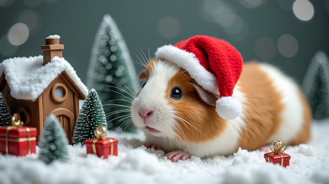 A cute guinea pig wearing a red Santa hat in a festive winter scene with Christmas trees and tiny gift boxes. Adorable pet holiday portrait.
