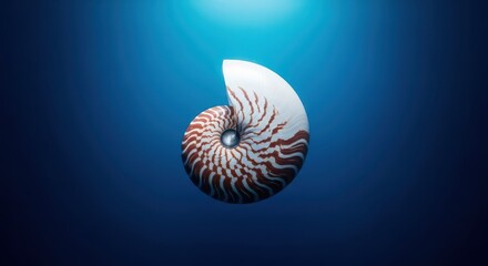A perfect spiral shell of a nautilus floating in deep blue water showing natural geometry and ancient marine life, shell, floating, Fibonacci