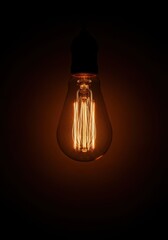 Brightly glowing incandescent light bulb illuminated on a dark background, representing inspiration, invention, and creative thought, illuminated, engineering, electricity
