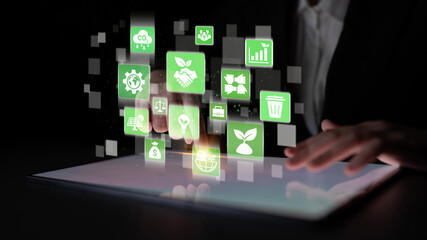 Obraz premium ESG icons show environmental impact, social responsibility, and corporate governance. ESG drives sustainability, ESG investment, ESG reporting, and business growth. Entice