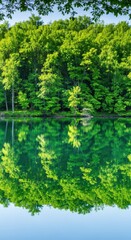 Calm, clear lake surface reflecting the dense green deciduous forest canopy under a bright summer sky, emphasizing peace and nature, panorama, reflection, blue