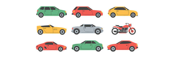 Fototapeta premium Collection of various motor vehicles including cars suvs convertibles and motorcycle isolated on white background graphic illustration