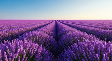 Obraz premium Expansive purple lavender blossoms stretching towards the horizon on a sunny summer day, symbolizing peace and natural beauty, bloom, serene, hillside