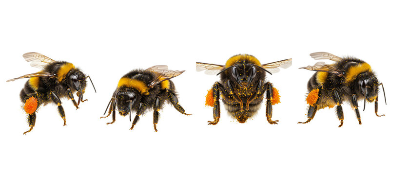 Set of four bumblebees with pollen baskets isolated on a white background.