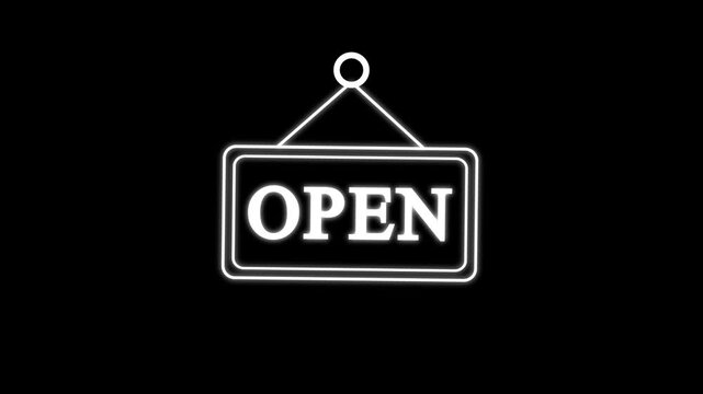 Animated open sign line icon with glowing neon outline on a dark background. This clean and modern store message animation represents business opening