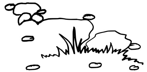 Vector pencil drawing of stones and grass from hand, minimalist nature landscape sketch.Handmade pencil sketch in vector, rough line art of rocks and meadow plants.
